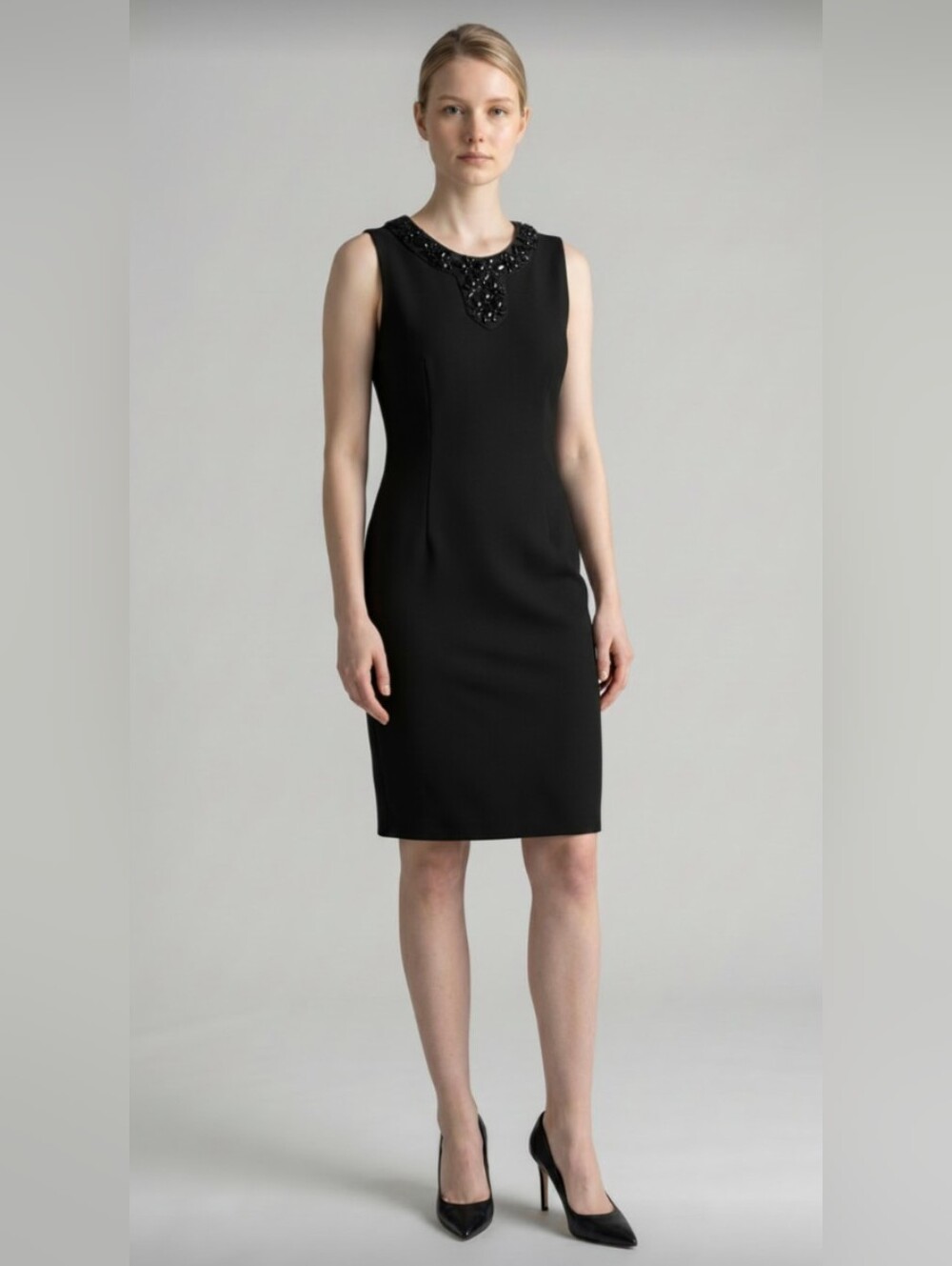 CONNECTED APPAREL! LUXE BLACK STRETCH TEXTURED, JEWELED COLLAR DRESS! SZ 12